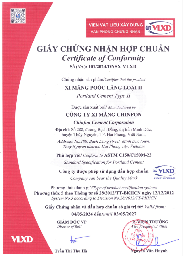 Picture for news item GIẤY CHỨNG NHẬN HỢP CHUẨN CHO XI MĂNG POÓC LĂNG LOẠI II